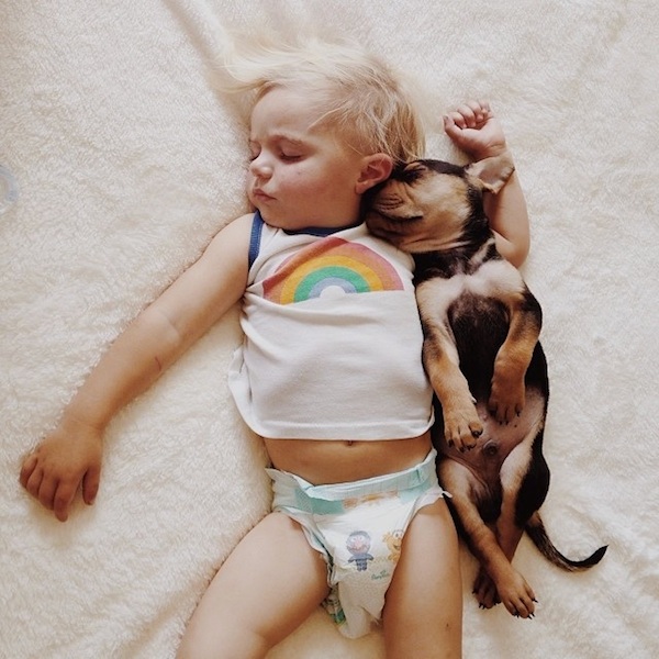Toddler sleeping with dog